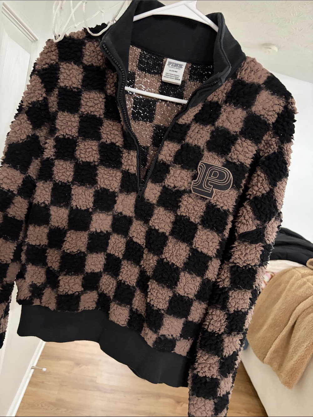 PINK Victoria's Secret Brown & Black Checkered Sherpa Pullover